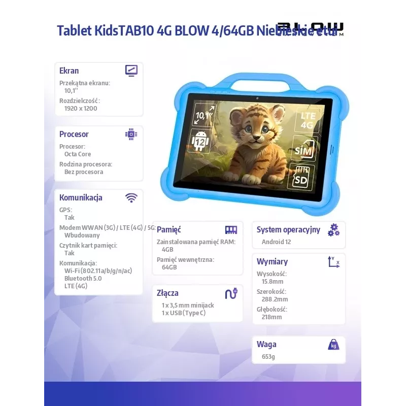 Planšetdators BLOW KidsTAB10 10,1 collas pilnizmēra planšetdators, 10,1 collas IPS 1200x1920, Android 12, 4 GB RAM, 64 GB eMCP, 4G (MicroSIM), 6000 mAh, Astral Blue