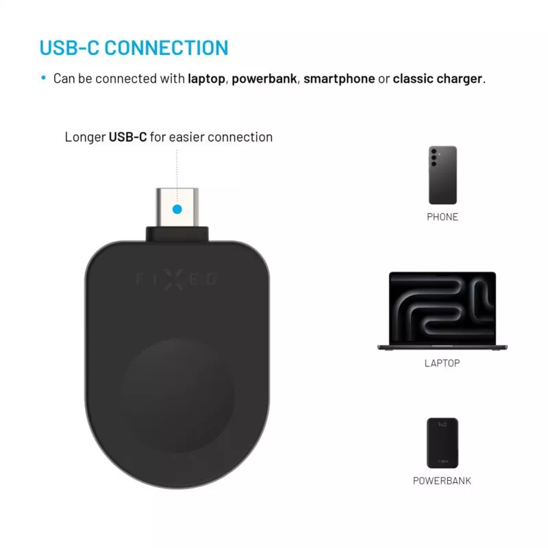 FIXED FIXDW-AWAP-BK USB-C uzlādes adapteris Apple Watch Powerstation Uni, kompakts rezerves