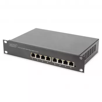 Slēdzis DIGITUS 10 collu Gigabit Ethernet 8 portu nevadāms - 8x Gigabit RJ45, uzstādāms statnē