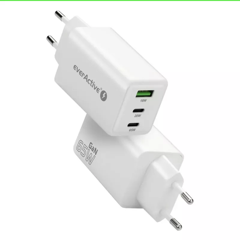 Strāvas lādētājs everActive SQ-655Q 65W, 1×USB-A + 2×USB-C ātra uzlāde