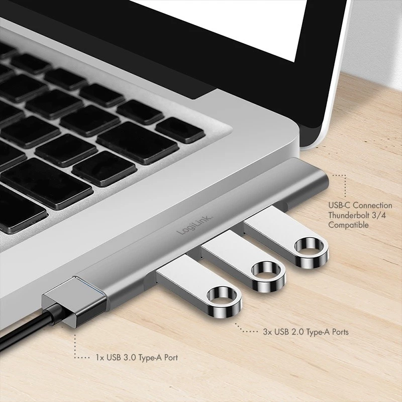LogiLink USB 3.2 Gen1 4-portu centrmezgls ar USB-C 1x USB3.0 AF 3x USB2.0 AF UA0437