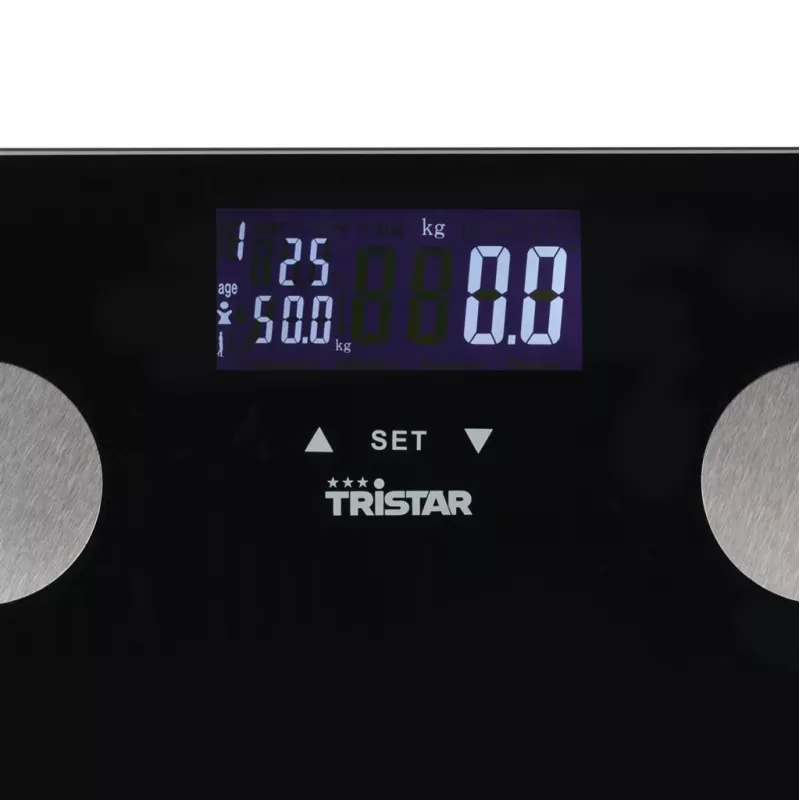 Personālie svari Tristar WG-2442 — digitālie vannas istabas svari, maks. 150 kg, 100 g precizitāte, ĶMI, melni