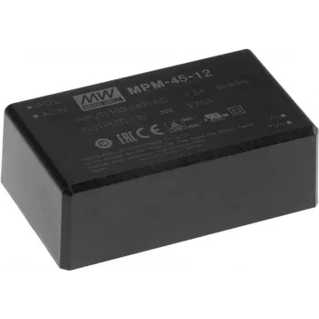 Strāvas adapteris Mean Well MPM-45-5, iekštelpu, 45 W, ieeja 80–264 V, melns, 52×87×29,5 mm