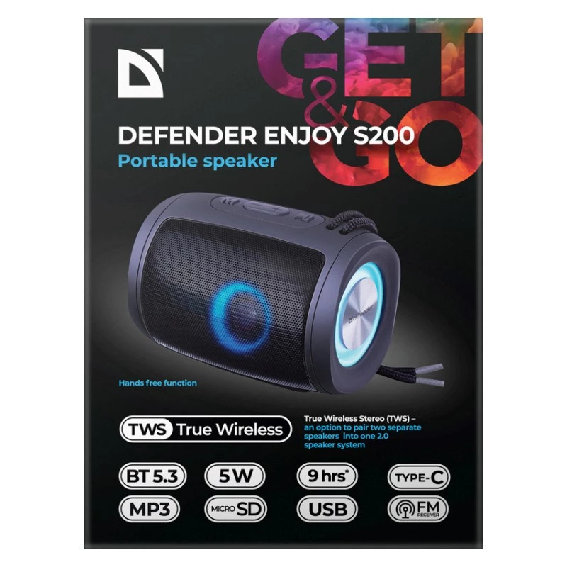 Pārnēsājamais Bluetooth skaļrunis DEFENDER Ejoy S200 TWS 2.0, 5 W, Bluetooth 5.3, LED, 10 h akumulators, iebūvēts mikrofons