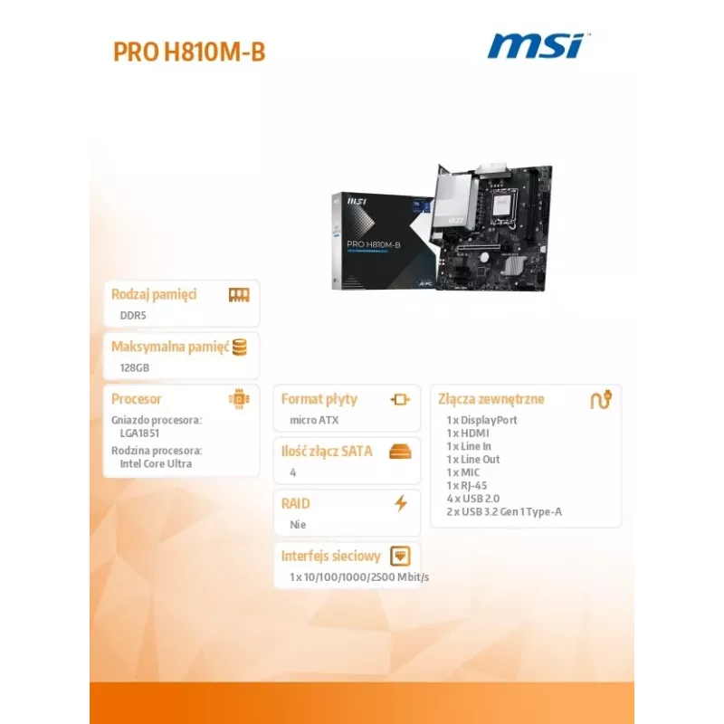 MSI PRO H810M-B mātesplate Intel H810 LGA 1851 (Ligzda V1) micro ATX