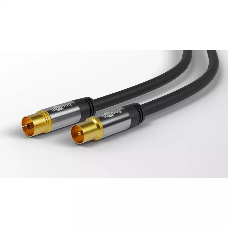 Goobay TV antenas kabelis (135 dB tips), 4x ekranēts, 10 m, melns – apzeltīts, koaksiālā ligzda > koaksiālais spraudnis (70389)