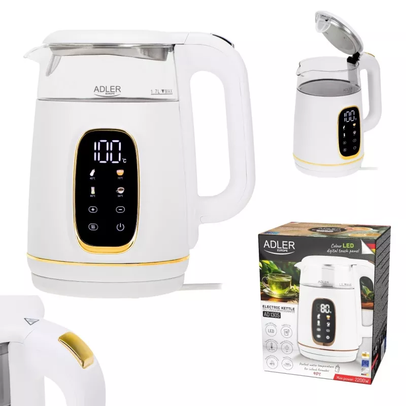 Elektriskā tējkanna Adler AD 1305WG — 1,7 l, 2200 W, stikls/plastmasa, balts/zelta/caurspīdīgs