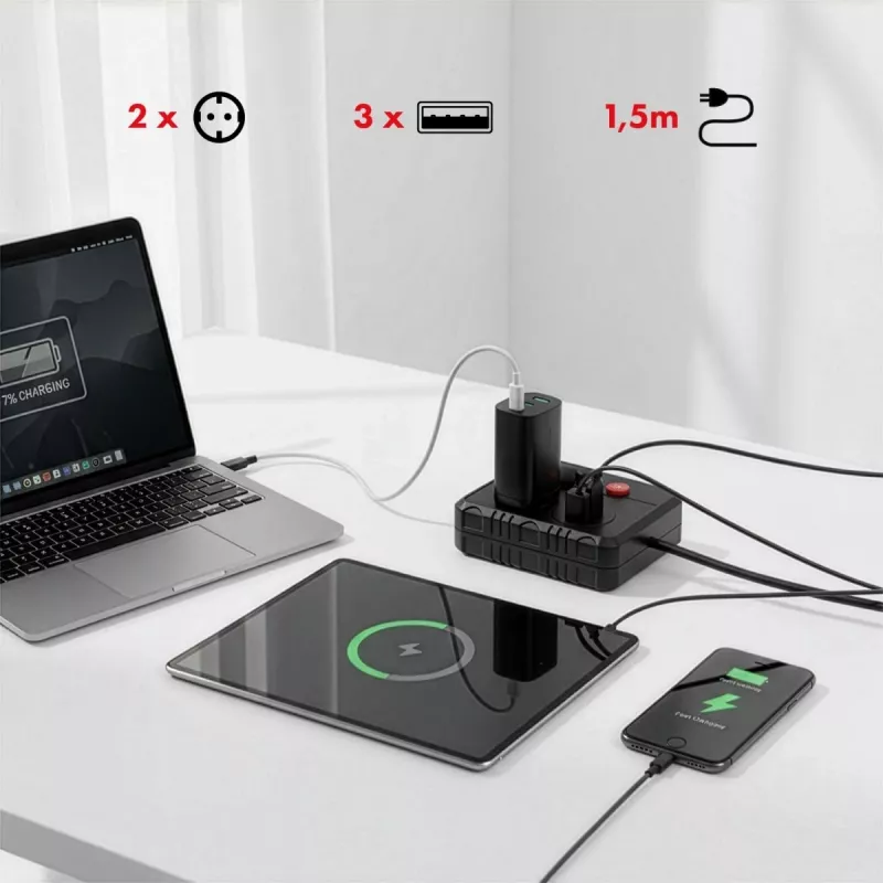 Strāvas sadalītājs MACLEAN MCE387 B — 2 kontaktligzdas, 3×USB A, 110–240 V, 1,5 m kabelis, maks. 2500 W