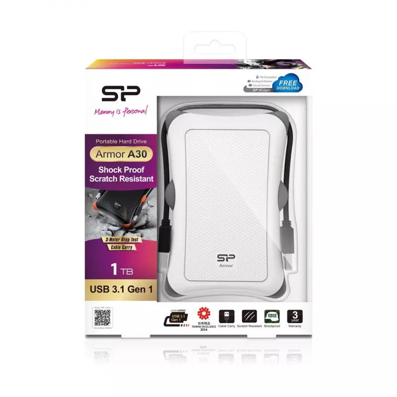 Ārējais HDD Silicon Power Armor A30 1TB USB 3.2 Gen 1, 2,5 collu HDD, balts, USB Type-A