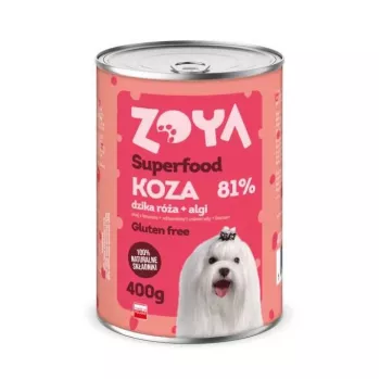 Mitrā suņu barība ZOYA Superfood Goat 400 g — pilnvērtīga mitrā barība pieaugušiem suņiem ar kazas gaļu, 400 g bundža