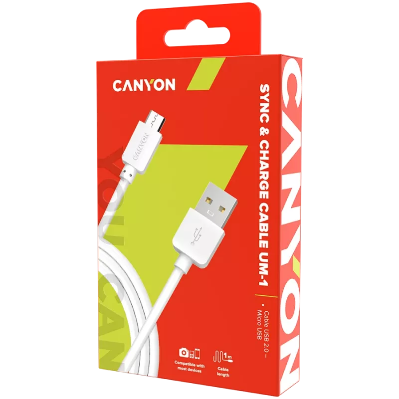 CANYON kabelis UM-1 MicroUSB 5W 1m Balts