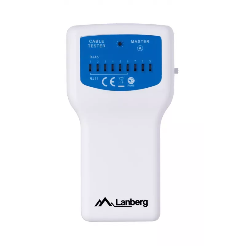 PoE testeris LANBERG NT-0402 — PoE tīkla kabeļu testeris ar RJ-45/RJ-11 atbalstu, LED indikatoriem, strāvas LED, ieslēgšanas/izslēgšanas slēdzi