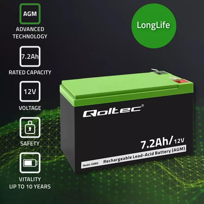 Qoltec 53062 AGM akumulators | 12V | 7,2 Ah | maks. 108A