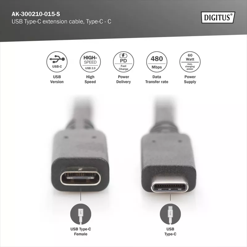 USB Type-C pagarinātāja kabelis Digitus AK-300210-015-S