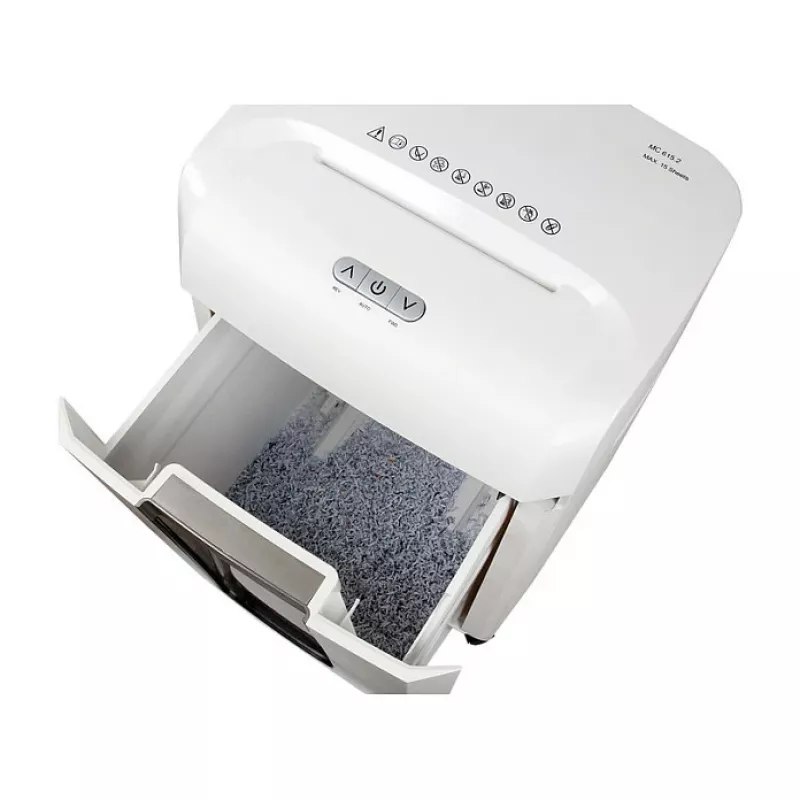Papīra smalcinātājs Olympia MC 615.2 — Mikrošķērsgriezums P-5, 22 cm padeve, 15 lapu ietilpība, 65 dB, balts