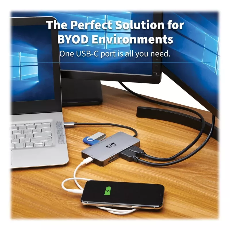 Eaton Tripp Lite USB-C dokstacija, divi displeji - 4K 60 Hz HDMI, USB 3.2 Gen 1, USB-A centrmezgls, GbE, atmiņas karte, 100W PD uzlāde, pelēka - dokstacija - USB-C - 2 x HDMI - 1GbE (U442-DOCK)