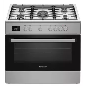 Brīvi stāvoša plīts Ravanson KWGE-K90A Cheff Modern — 90 cm, gāzes 5 degļu virsma ar 3000 W wok, elektriskā cepeškrāsns 110 L, sudraba