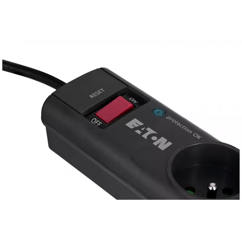 Pārsprieguma aizsardzības sadalītājs EATON Power Strip 4 FR — 4 Type E kontaktligzdas, 1 m kabelis, 10 A, 2500 W, LED indikatori