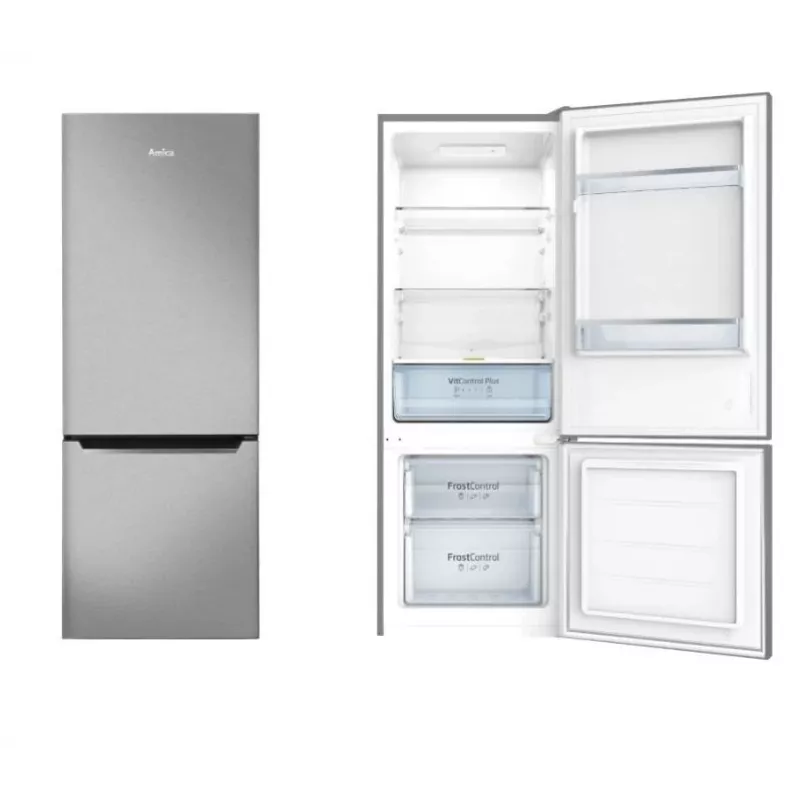 Brīvi stāvošs ledusskapis-salvētava AMICA KGCL 384 160 E, kopā 205 L, ledusskapis 153 L, saldētava 52 L, apakšā novietota saldētava, nerūsējošais tērauds