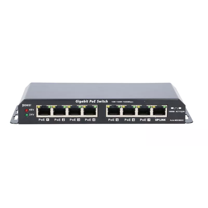 Extralink PoE slēdzis KRATOS 7x Gigabit PoE, 1x Uplink RJ45, barošanas bloks 24V 2.5A, 60W