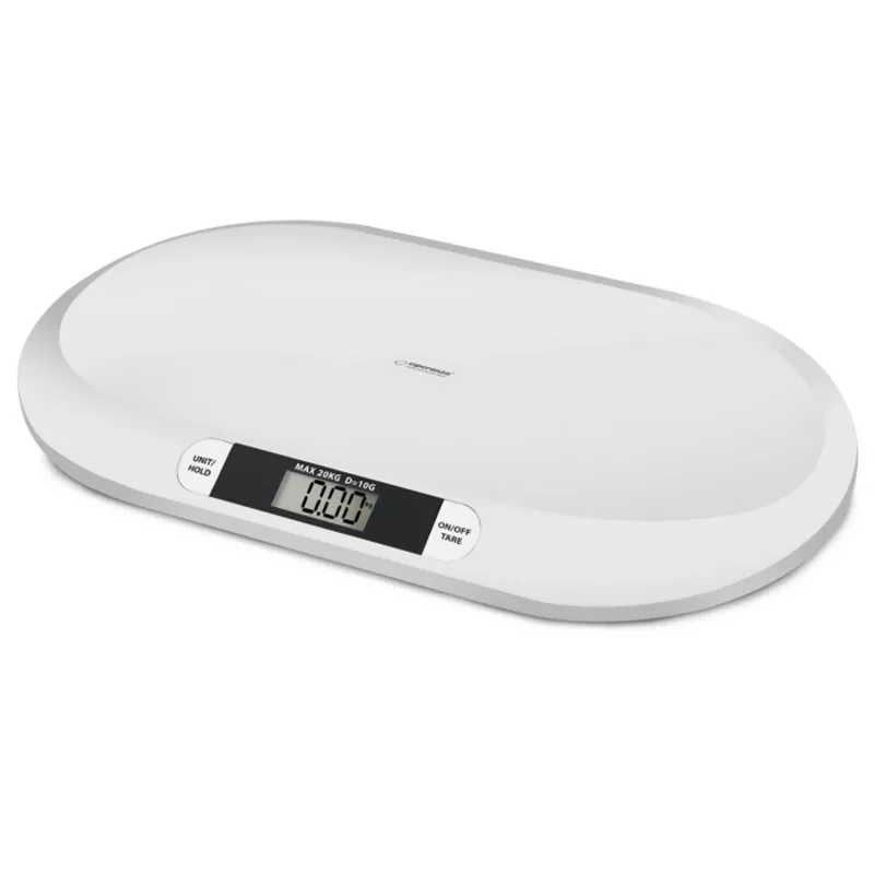 Elektroniskie zīdaiņu svari ESPERANZA EBS019 — ietilpība 0,03–20 kg, iedaļa 0,01 kg, liels 60×25 mm LCD, balts