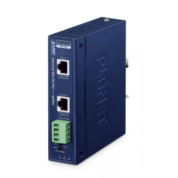 PLANET IP30 rūpnieciskais viena porta 10Gbps 802.3bt PoE++ sadalītājs 24V