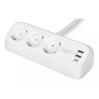 Strāvas sadalītājs DIGITUS 3-vietīgs ar 2×USB-A un 1×USB-C, 3 maiņstrāvas rozetes tips E/F, 1,5 m kabelis, balts