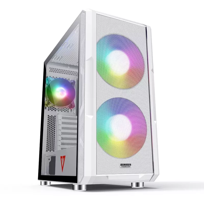 PC korpuss MODECOM AMIRANI ARGB Midi Tower balts — ATX/ITX, 35 cm GPU, 16,5 cm CPU dzesētājs, 2x200 mm ventilatori