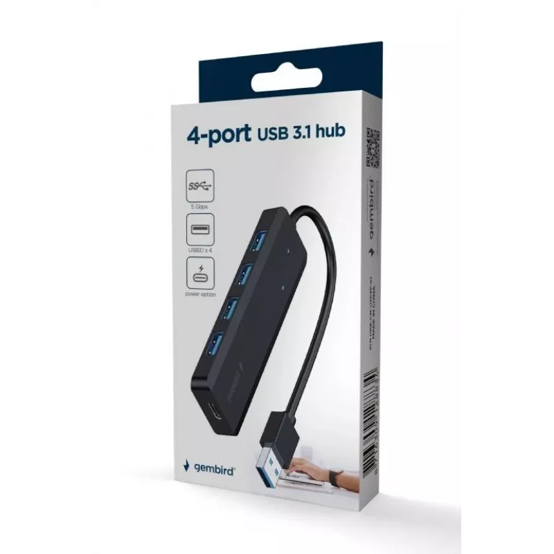 USB centrmezgls Gembird 4 portu USB 3.1 (Gen 1) — 4 porti, USB 3.2 Gen 1 Type-A, 5V/2.1A, 109×30×10 mm, melns