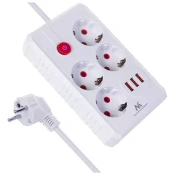 Strāvas sadalītājs MACLEAN MCE392 W — 4 F tipa kontaktligzdas, 3×USB A, 110–240 V, maks. 2,1 A, 2500 W, 1,5 m kabelis, balts