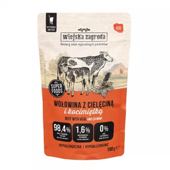 Mitrā kaķu barība wiejskazagroda Liellopu gaļa ar teļa gaļu un kaķumētru Pieaugušiem 100 g, 75% mitrums, 10,8% olbaltumvielas, 9% tauki