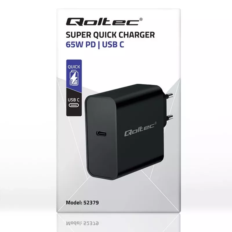 Lādētājs QOLTEC Super Quick PD 65W USB‑C Power Delivery 5–20V, 1x USB‑C, USB PD 3.0, Type C spraudnis, 65 W