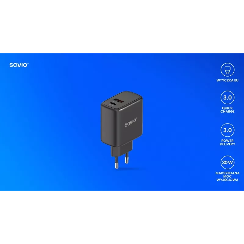 Āra lādētājs SAVIO LA-06/B USB Type-C 30W Power Delivery 1x USB-C melns, 5–20V, 3A/9V, 3A/5V, 3A/12V, 2.1A