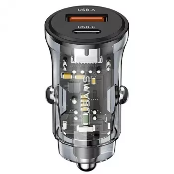 Auto lādētājs usams CC164CC01 30W ar 1×USB-A un 1×USB-C ātrai uzlādei