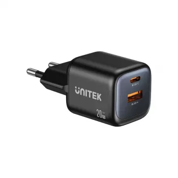 Sienas lādētājs Unitek P1128ABK01-EU — 2 portu GaN USB-C un USB-A, kopējā jauda 20W, melns