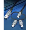 Vention USB 2.0 A vīr. uz 3-in-1 Micro-B&USB-C&Lightning vīr. kabelis 1M pelēks alumīnija sakausējuma tips