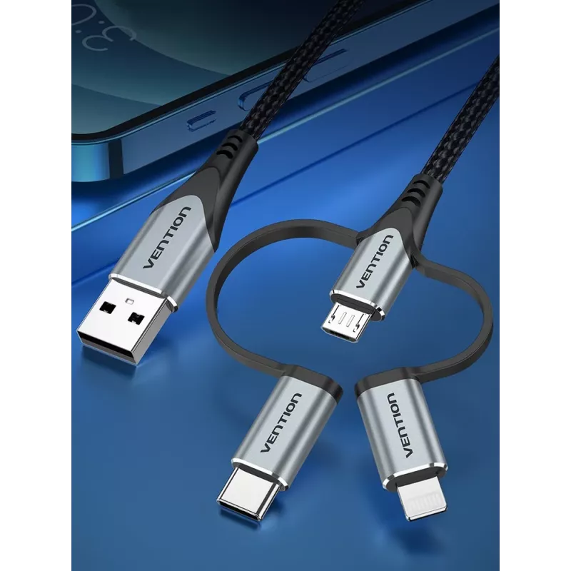 Vention USB 2.0 A vīr. uz 3-in-1 Micro-B&USB-C&Lightning vīr. kabelis 1M pelēks alumīnija sakausējuma tips