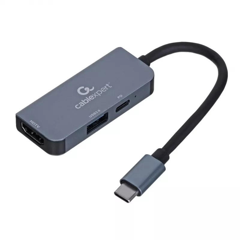 Vadu klēpjdatora dokstacija Gembird A-CM-COMBO3-02 — USB 3.2 Gen 1 Type-C, HDMI, USB-A, PD līdz 87W, 3840×2160