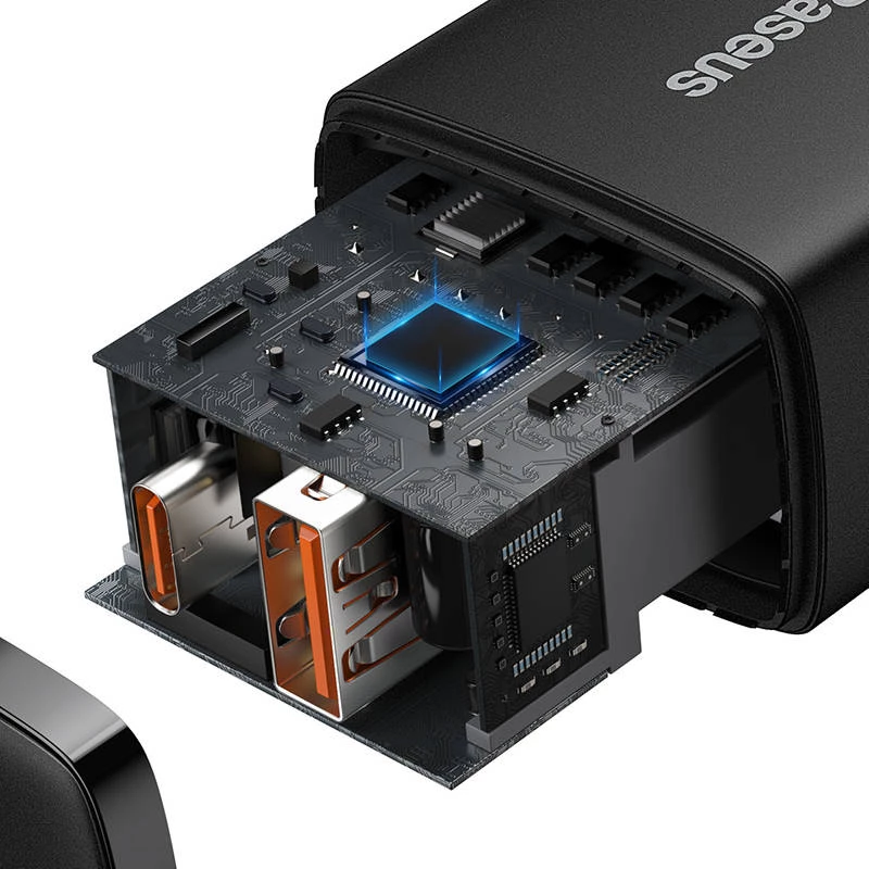 Iekštelpu USB ātrais lādētājs Baseus CCXJ-B01 — 2 porti (USB-C PD 20W + USB-A QC3.0 18W), 100–240 V, melns