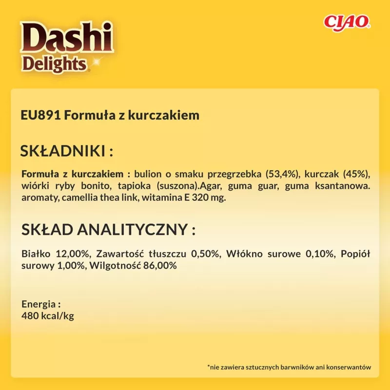 Slapjš kaķu kārums INABA Dashi Delights Delicate Flakes Chicken 40 g — diētisks, 86% mitruma, 12% olbaltumvielu
