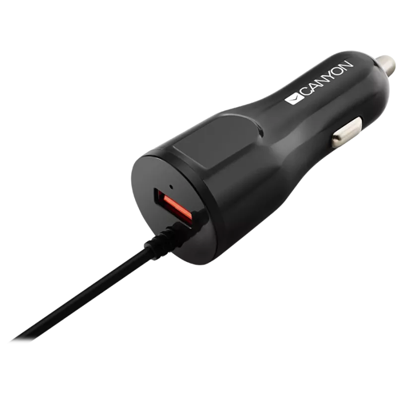 CANYON autolādētājs C-033 2.4A/USB-A ar iebūvētu Lightning savienotāju, melns