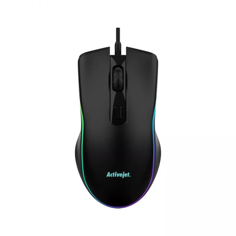 Vadu apsildāmā spēļu pele ActiveJet AMY-W390 — piemērota abām rokām, optiskā 2000 DPI, USB Type-A, 4 pogas, melna