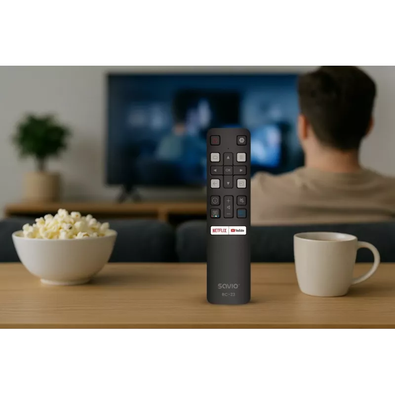 SAVIO RC-23 universālā IR bezvadu tālvadības pults TCL televizoriem — 19 pogas, 10 m darbības rādiuss