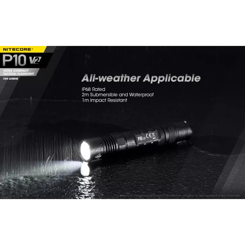 Taktiskais lukturītis Nitecore P10 V2 — 1000 lm, IP68 ūdensizturīgs, triecienizturīgs, 95 g, saderīgs ar 18650/CR123
