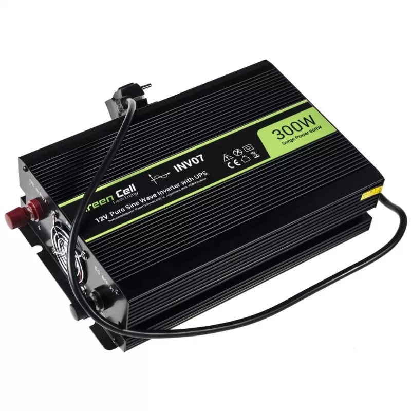 Strāvas pārveidotājs zaļa Cell INV07, līdzstrāva 12 V uz maiņstrāvu 230 V, 300 W, 50 Hz, C tipa kontaktdakša, melns