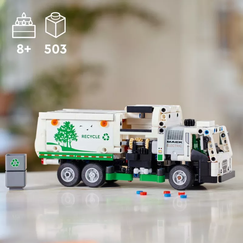 Konstruktors LEGO Technic Mack LR Electric Garbage Truck 42167 — 503 gab., motorizēts, izmērs 230×80×90 mm
