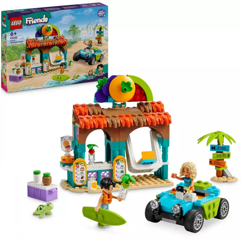 LEGO Friends pludmales smūtiju stends – bērnu rotaļu ēdiena komplekts, dāvanu ideja meitenēm un zēniem vecumā no 6 gadiem ar 2 mini lellēm, bruņurupuča figūriņu un a