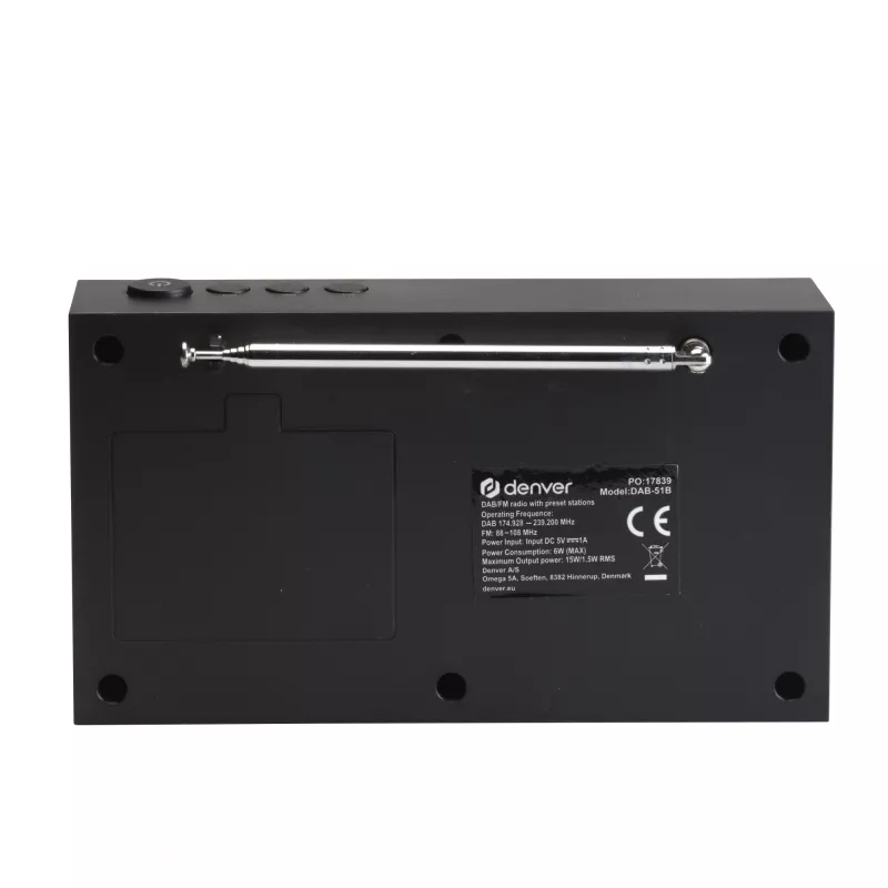 Radio DENVER DAB-51B — kompakts digitālais radio ar DAB+/FM/AM, melns