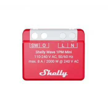 Sienā iebūvējams viedais relejs Shelly 1PM — vienkanāla Z-Wave mini slēdzis, 110–240 V, 8 A, 2000 W, 868,4 MHz