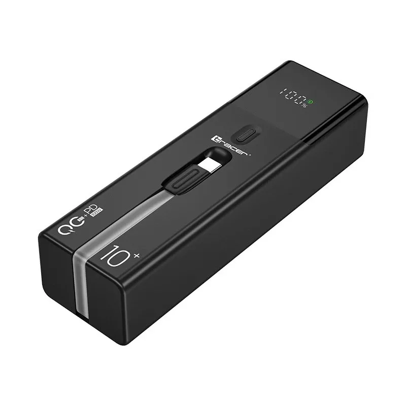 Pārnēsājams ārējais akumulators TRACER Quant 10000 mAh Li-Ion, PD & QC3.0, 3 pieslēgvietas (2×USB-C, 1×USB-A), 100W, melns